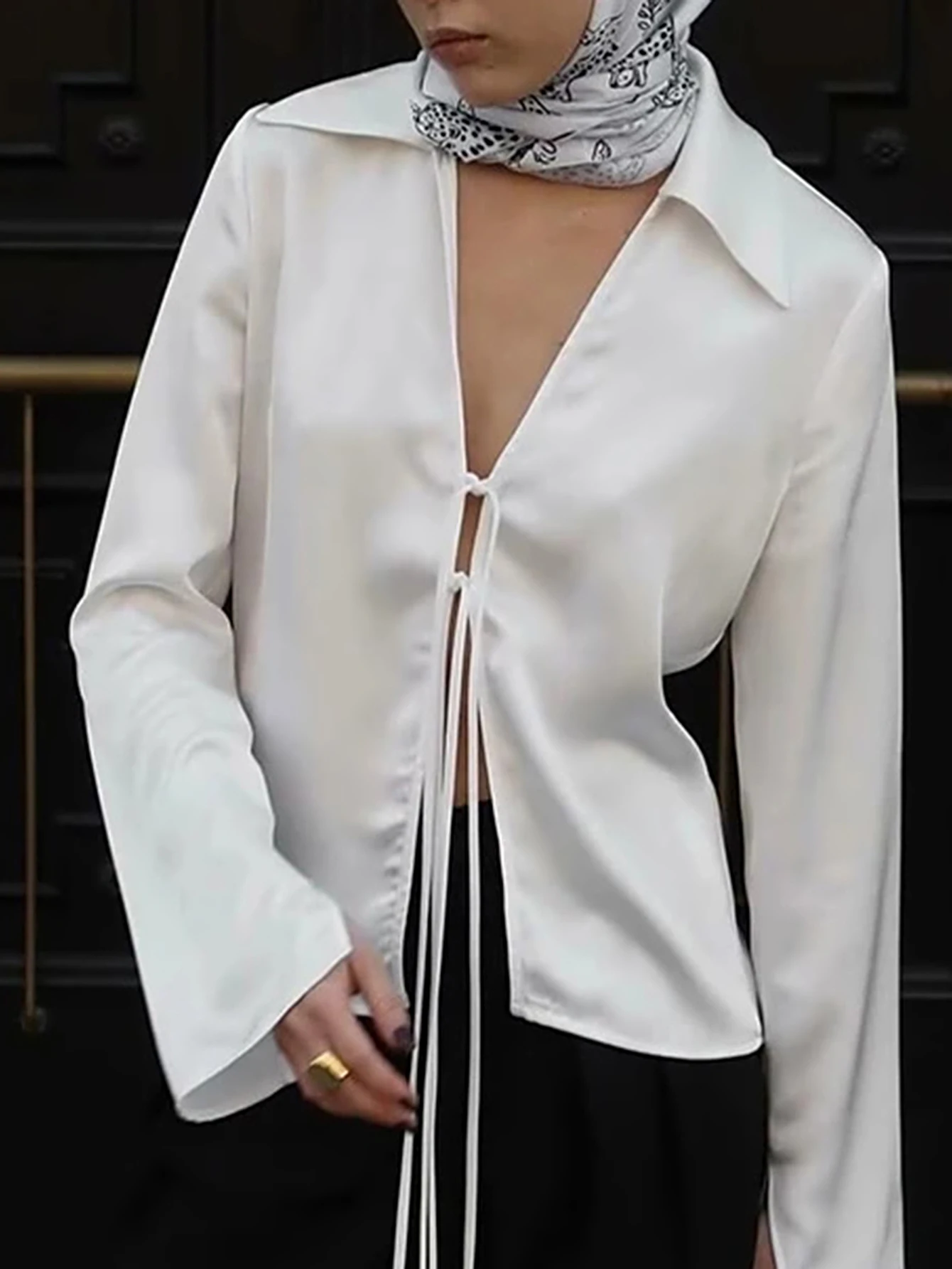 

Женская повседневная рубашка с длинными расклешенными рукавами и лацканами на шнуровке для офиса, женская базовая стильная осенняя однотонная французская рубашка