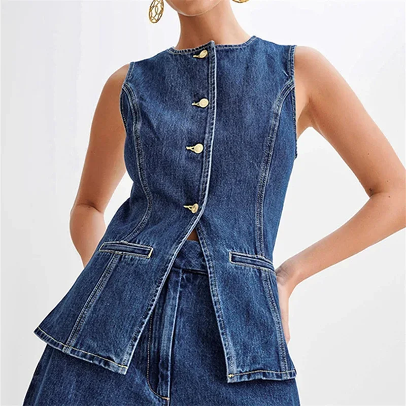 Women's Y2K Clothes Denim Long Vest Sleeveless Shirt Button Down Tank Top Back Slit Jean Waistcoat