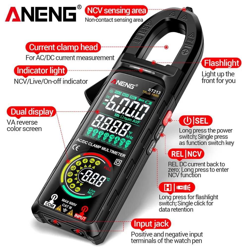 ANENG ST213 smart digital clamp meter DC/AC multimeter current reverse screen dual screen display non-contact test tool