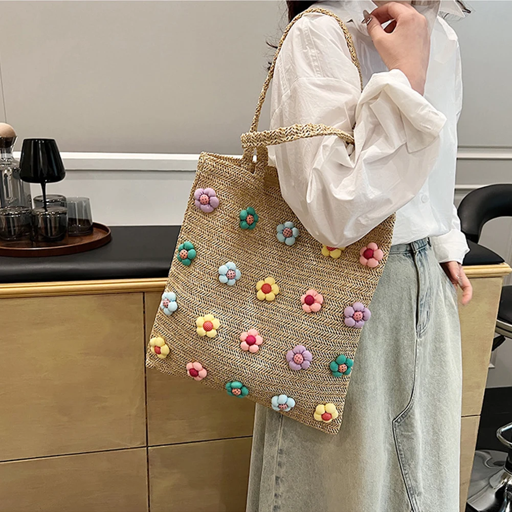 Handwoven Women Shopping Bag Sweet Flower Fashion Knitting Shoulder Bags Large Capacity Beach Travel Underarm Bag Casual Handbag