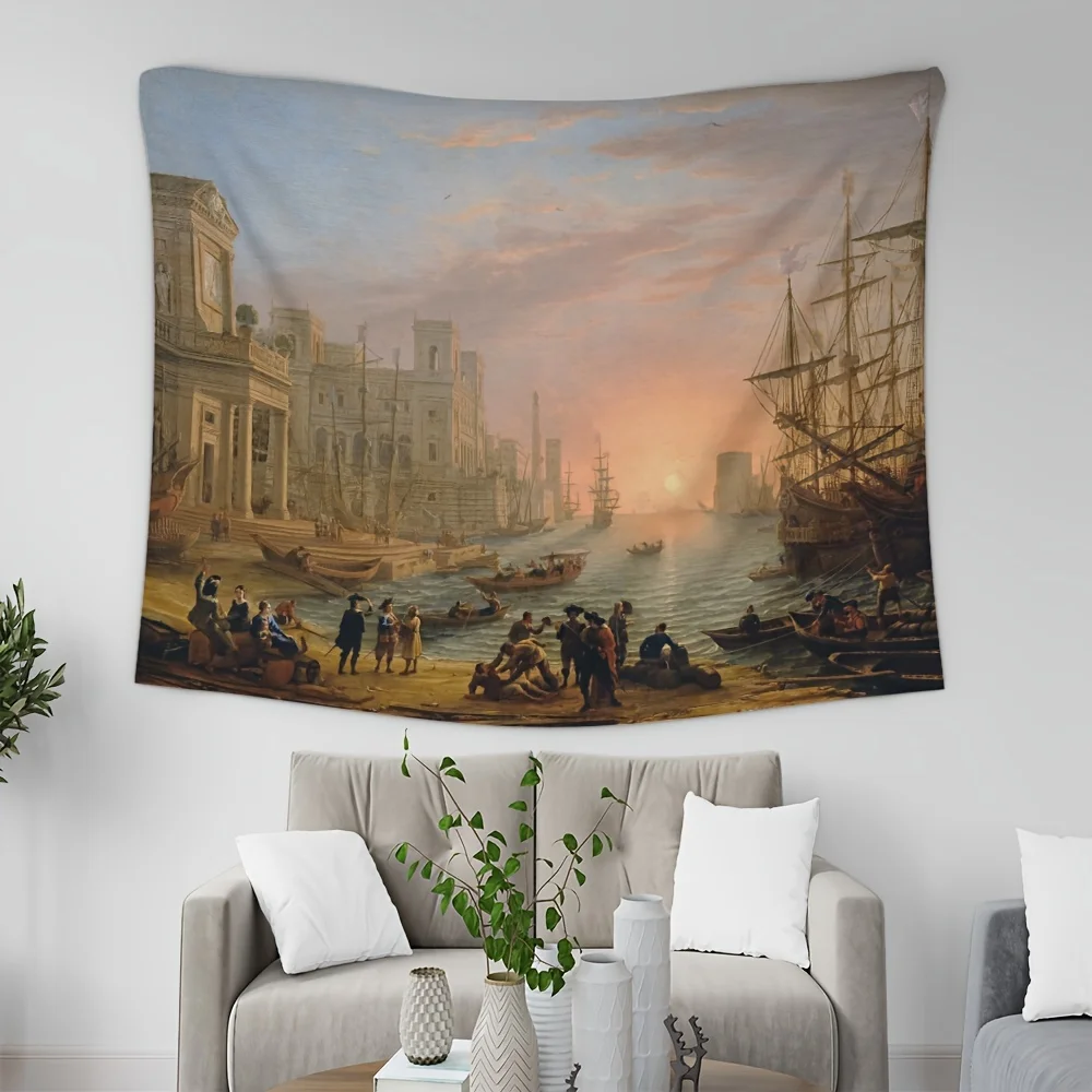 harbor under the setting sun Digital printing polyester wall tapestry suitable for use living rooms bedrooms offices bars party