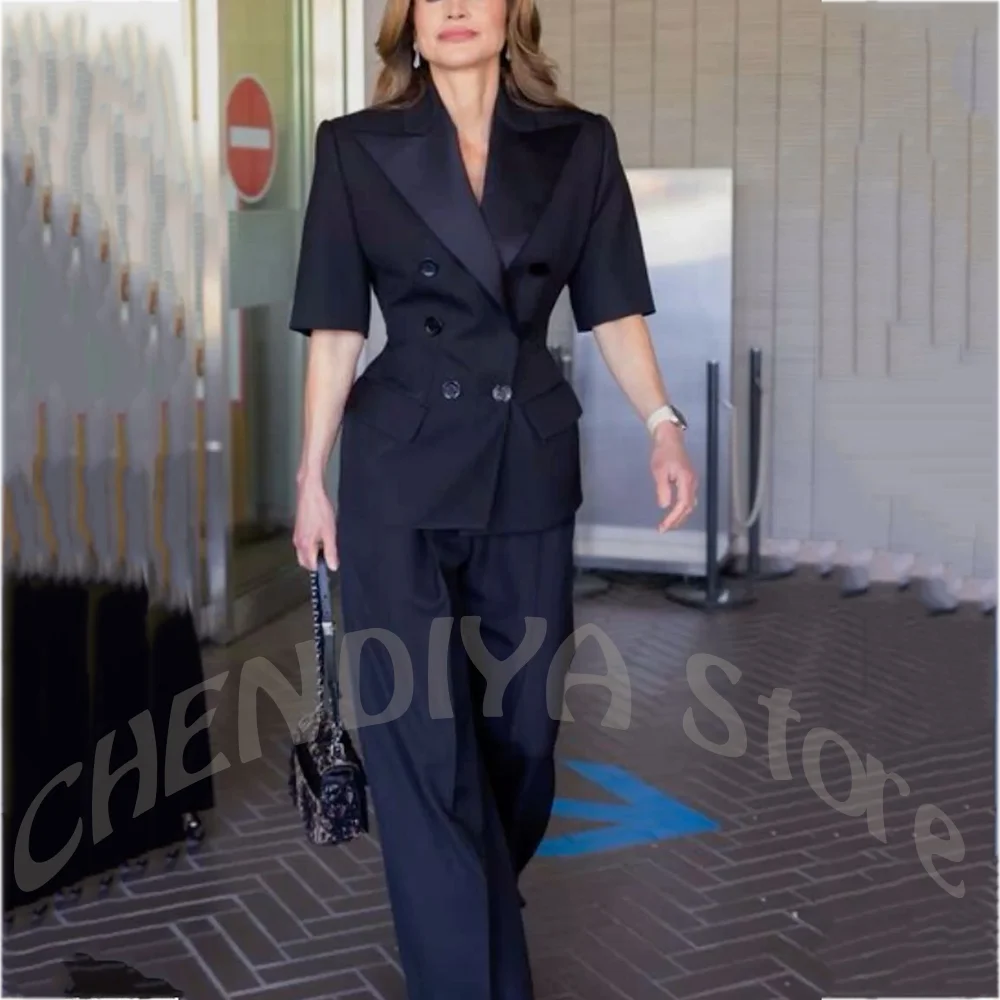 New Fashion Women's Suit Double Breasted Short Sleeve Blazer Straight Pants 2 Piece Outfit Elegant Office Celebrity Party Sets