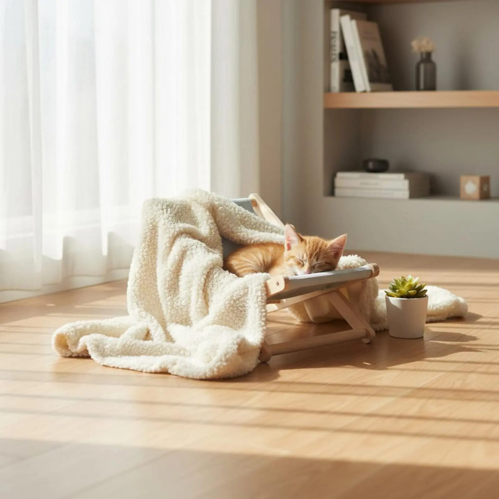 ペットリクライニングチェア、高床式デザイン、猫用デッキチェア、調節可能なペット用ラウンジャー、通気性のあるテキスタイル、木製猫用スイングベッド（室内用）
