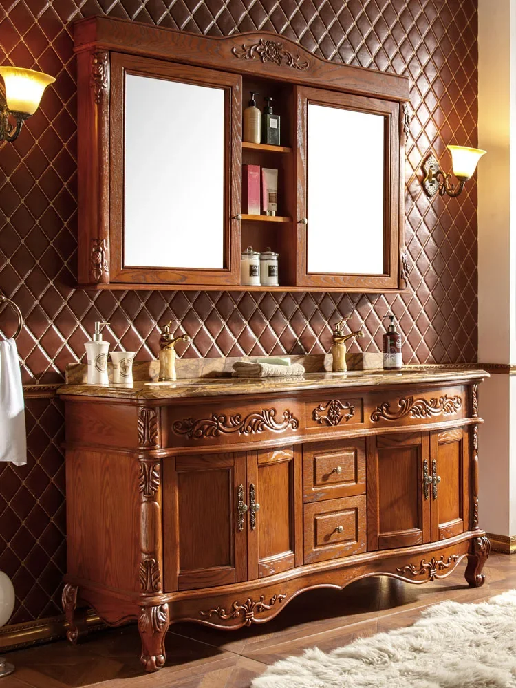 

Cabinet Red Oak Carved Wash Basin Cabinet Floor-Standing Washbasin