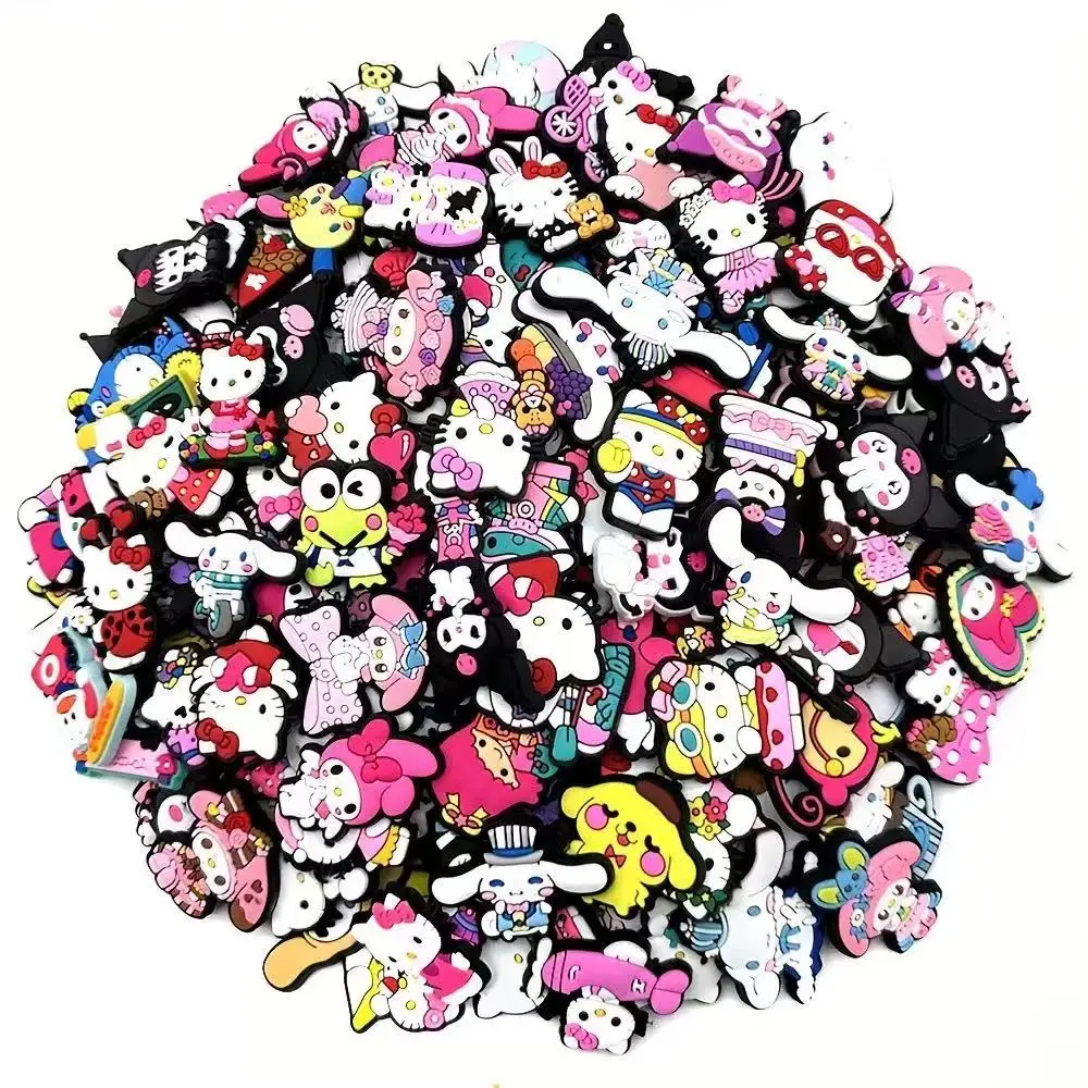 Mesuca 20-100pcs Mixed Sanrio Cartoon Figure Shoe Charms Colorful PVC Clog Decor DIY Shoe Accessories Kids Party Favors