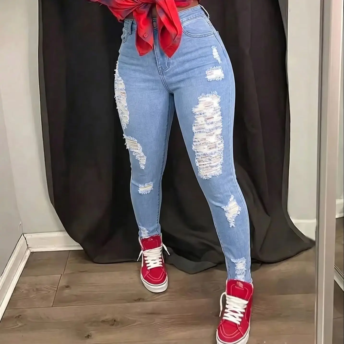 Women's Long Pants Casual Fashion Elastic Denim Shorts Patchwork Hole Design Slim Fit Red Plaid Buttock Enhancing Trousers