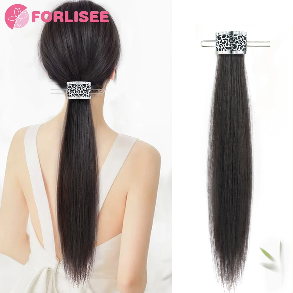 

Synthetic Ponytail Wig Women Chinese Style Metal Hollow Hairpin Long Straight Hair Ponytail Natural Traceless Hair Extensions