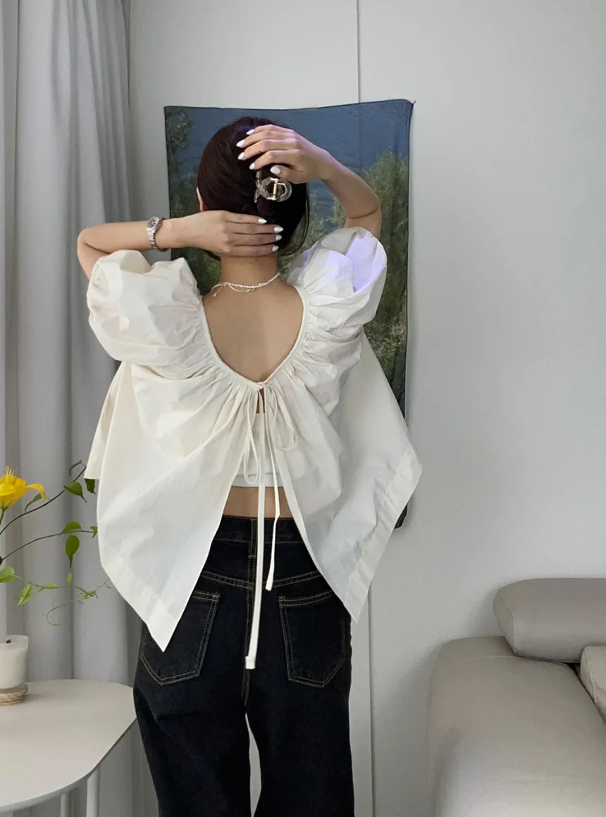 

2Color 2 way wearing Summer 2025 Korean Style O Neck Short Sleeve Shirt Back Lace Up Blouse Female Outwear tops