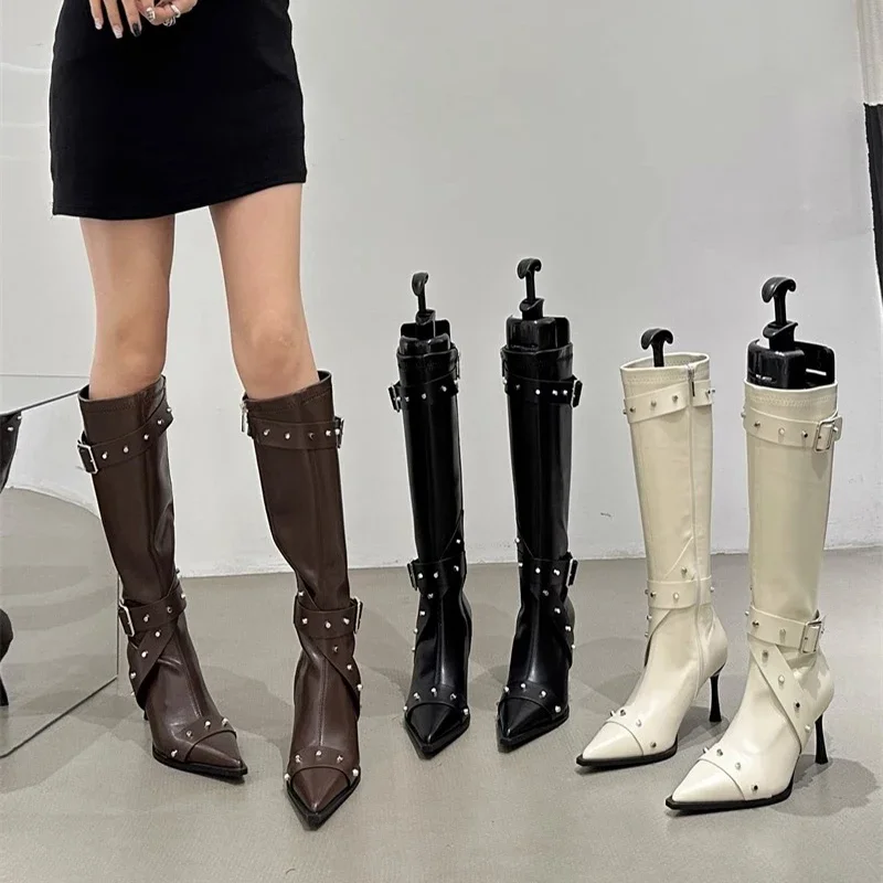 Autunno inverno donna stivali alti al ginocchio fibbia per cintura moda stivaletti lunghi sottili scarpe a punta da donna con tacco alto sottile