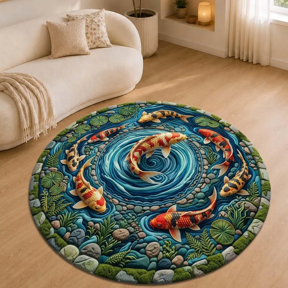 Living Room Sofa Koi Fish Carpet Bedroom Bedside Lotus Pond Round Area Rug Kitchen Floor Mat Front Back Door Home Decor