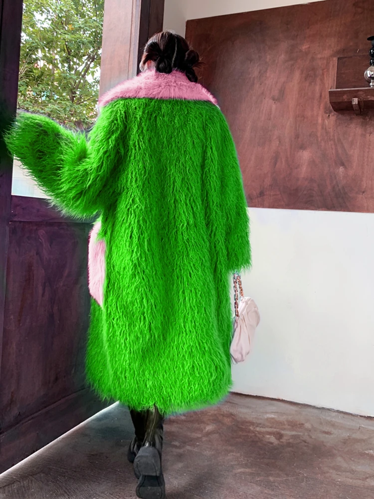 Original Design Fashion Green Faux Fur Coat Female Eco-friendly lapel Long Jacket Lady Shaggy Outerwear Women's Winter Coats