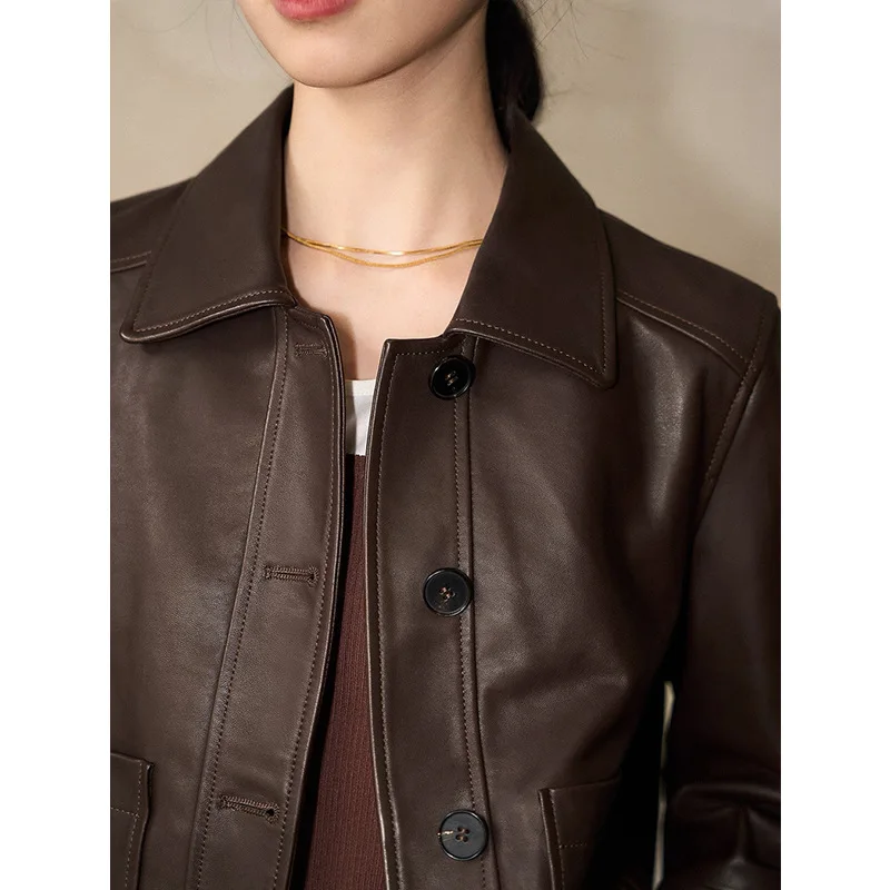 Genuine Sheepskin Leather Jacket Ladies Lapel Single Breasted Coffee/Black Classic Fashion Casual Urban Outwear with Pockets