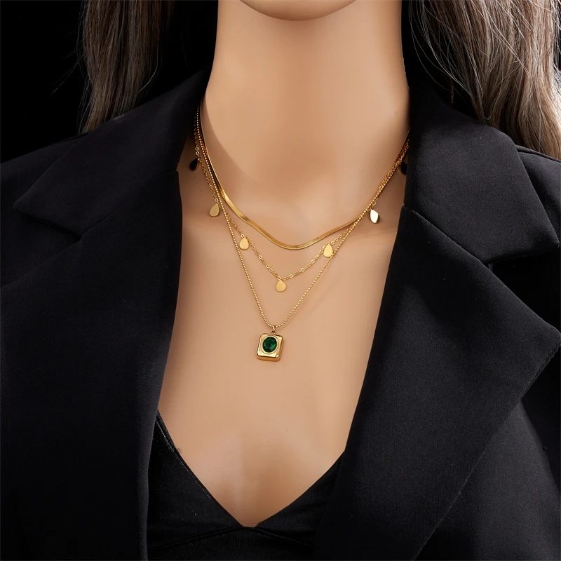 DIEYURO 316L Stainless Steel Oval Green Crystal Charm Necklace Earrings For Women Girl New Trend Non-fading Jewelry Set Gift