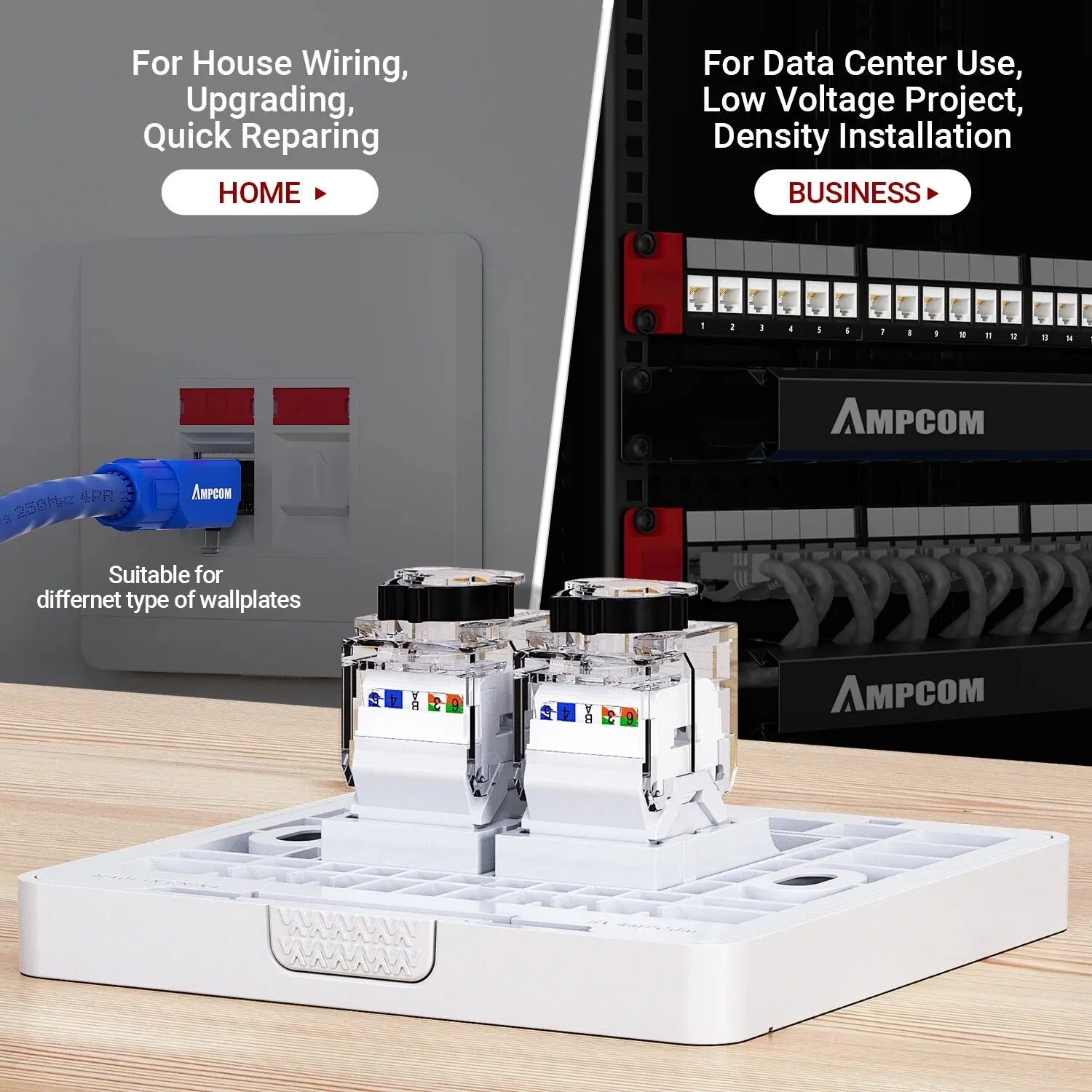 AMPCOM CAT6A UTP RJ45 Keystone Jack Tool-free 50u Gold Plating Module Connector Ethernet Wall Jack with Adjustable Ratchet Lock