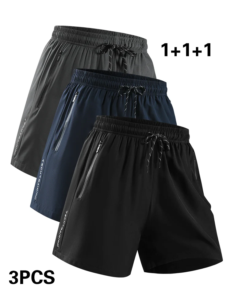 3PCS Men's Loose-Fitting Sports Shorts with Reflective Zippers, Suitable for Running, Fitness, Tennis Training, and Breathable
