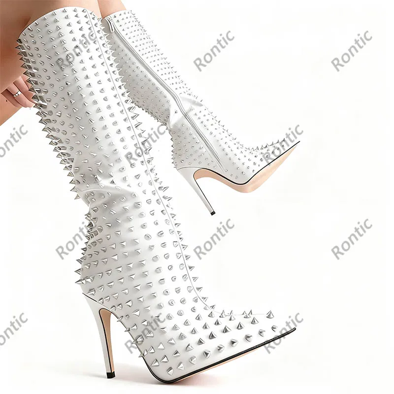 Rontic Womwen Studded Platform Heel Boots - Handcrafted Black Leather Knee High Gothic Boots Ladies US Plus Size 5-15