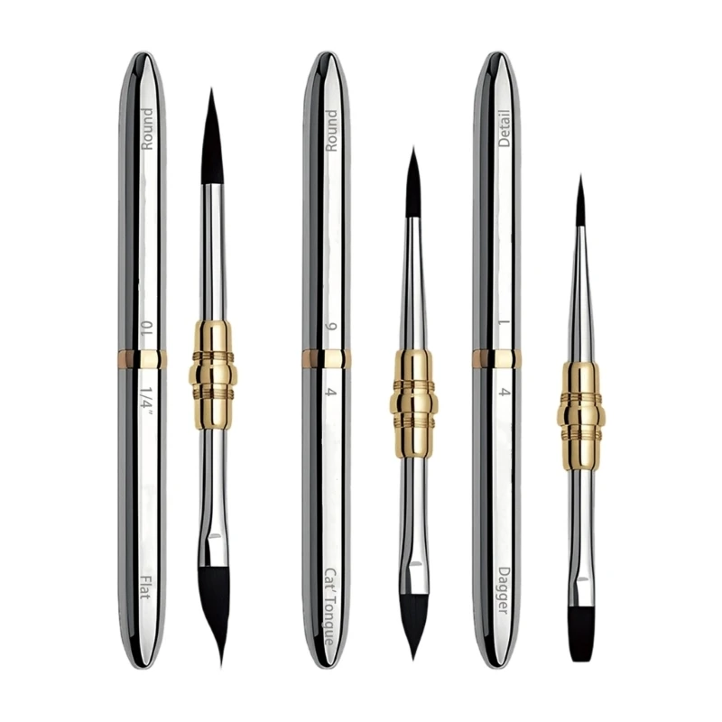 Q6PA Double Ended Nylon Tip Watercolor Brush Set 3 Piece Artist Brush with Metal Handles for Travel Sketch Practice, Detail