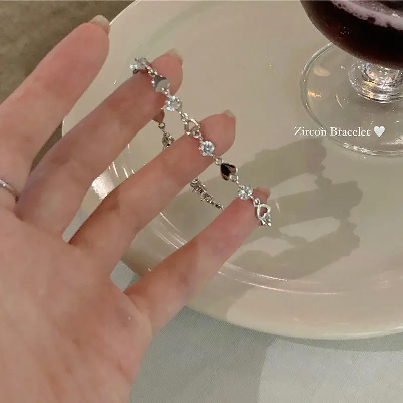Silver Heart Shaped Bracelet For Women Retro Korean Versatile Zircon Charm Bracelets Original Party Jewelry Sweet Girls Gifts