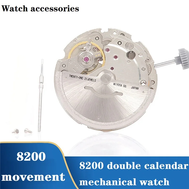 M85K 8200 Movement with Calendar Plate+Week Plate+Handle 8200 Double Calendar Automatic Mechanical Watch Movement Silver
