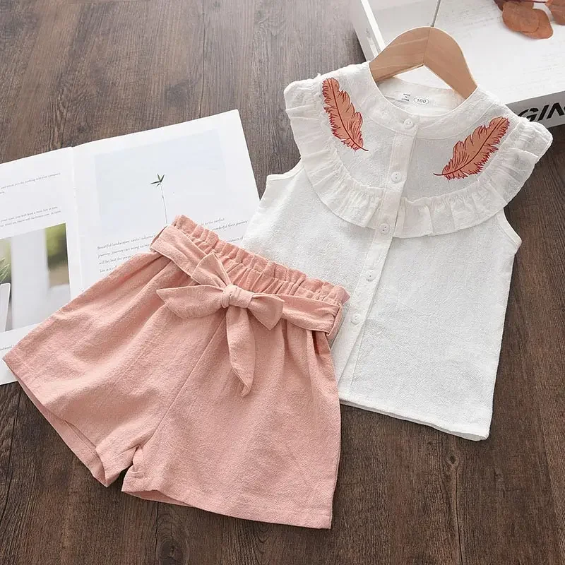 Bear Leader Kid Baby Girls Feather Clothes Sets 2023 Summer Sleeveless Tops Bandage Shorts Fashion Lovely Clothing 2 7 Years