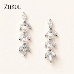 ZAKOL New Fashion Round Pearl Leaf Drop Earrings for Women Marquise Cut Cubic Zircon Bridal Dangle Earring Party Jewelry EP1156
