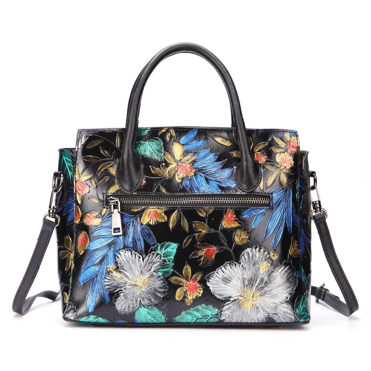 Sac à main en cuir véritable pour femme, poignée supérieure, sac à bandoulière, floral en relief, cuir de vachette véritable, sacs à main Messenger initiés, fourre-tout