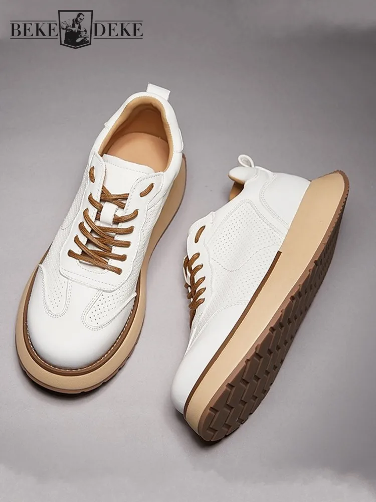 Fashion Men Daily Wear Genuine Leather Breathable Patchwork Round Toe Casual Shoes Versatile Horsehide Platform Lace Up Sneakers