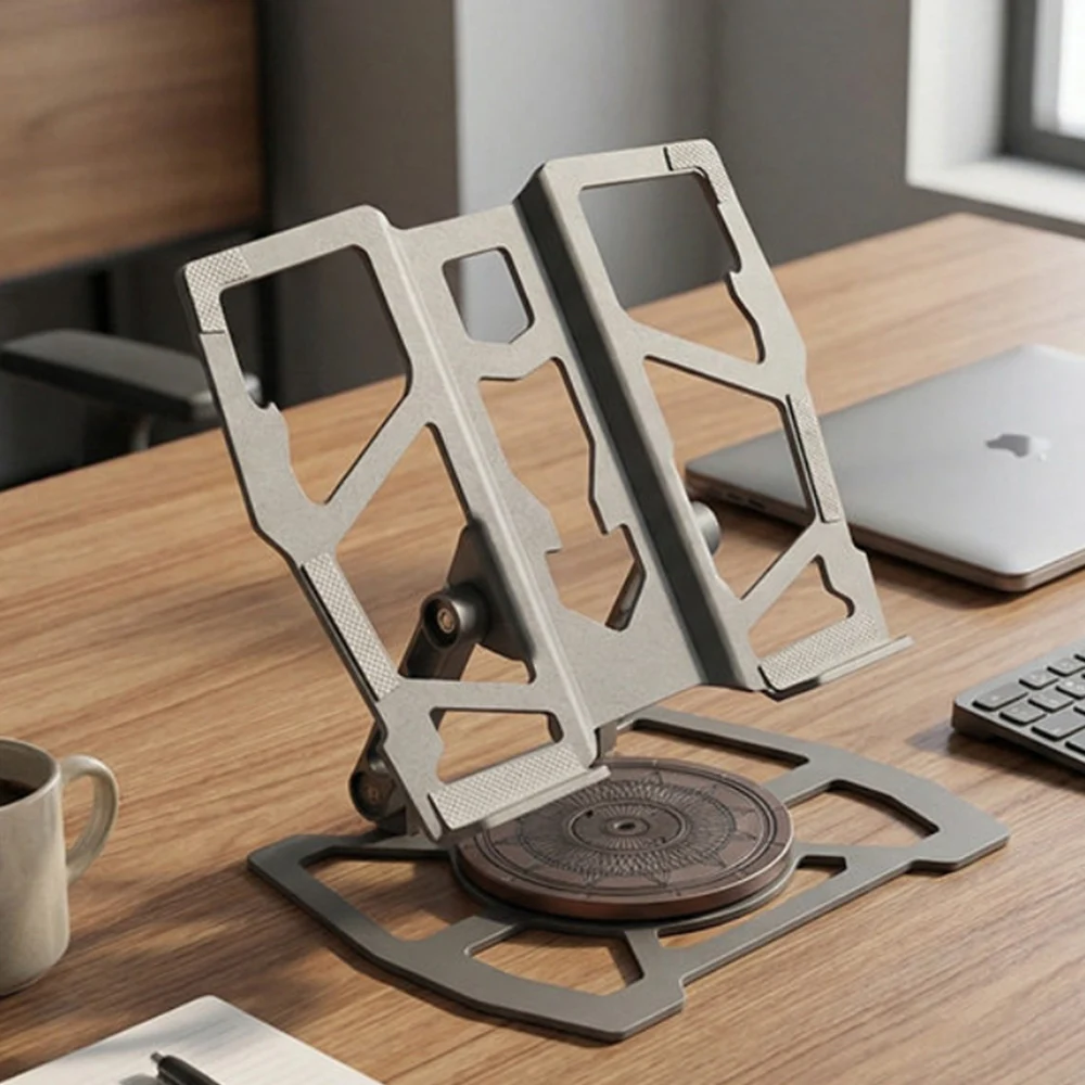 Foldable metal tablet stand with decompression ratchet effect, suitable for live streaming, office work and gaming.