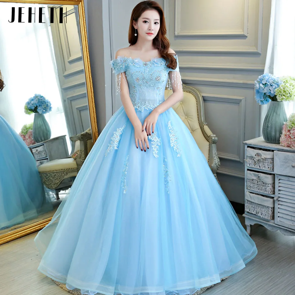 Jeheth Off De Schouder Prom Dress Kant Applicaties Kralen Party Gown Voor Vrouwen Custom Lace Up Floor Lengte Gewaden Quinceanera