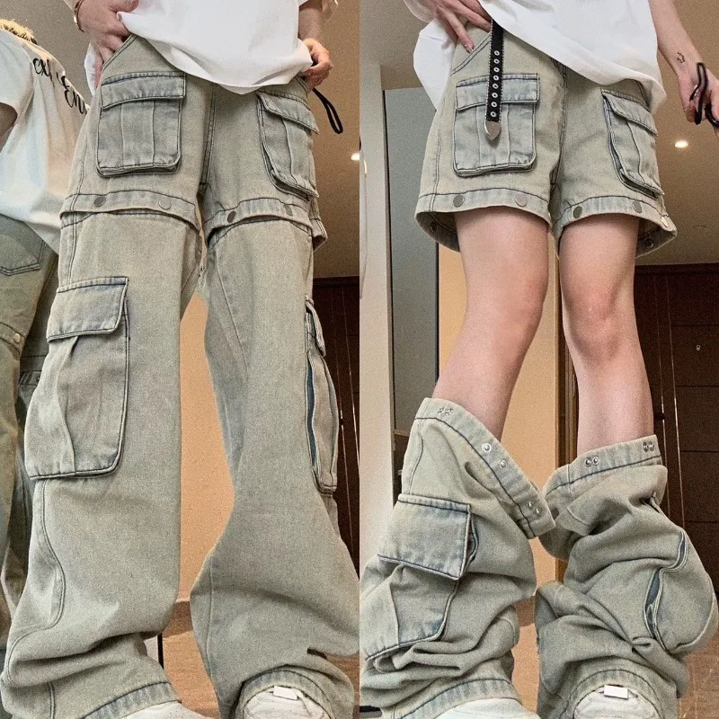 

American New Detachable Design Sense Tooling Jeans Female Y2K Fashion Gothic Retro High Street Straight Small Vibe Waisted Pants