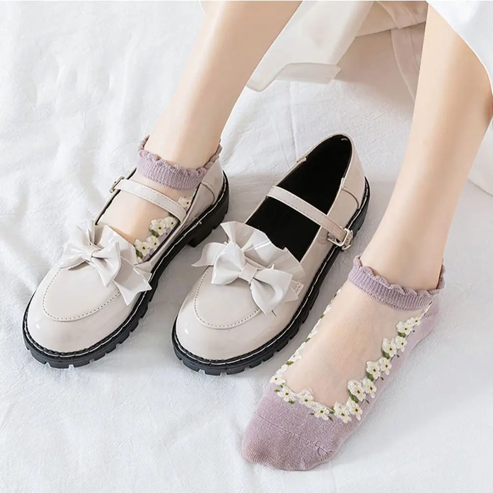 Cute Breathable Crystal Glass Silk Socks Silk Lace Lastic Socks Jacquard Transparent Short Socks