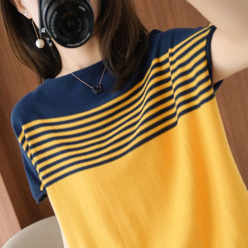 Summer Korean Fashion Striped Patchwork Casual Knitted Tee Women Loose All-match Short Sleeve T-shirt Lady Vintage Pullover Top