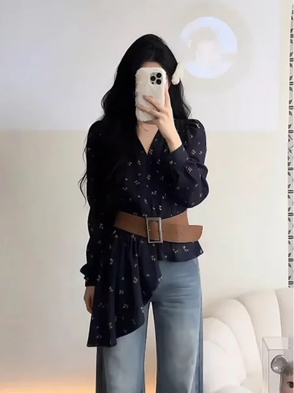 

Elegant Large Size Floral Print Long Sleeve Shirt Spring New Style Fashionable Sash Women's High-End Top Korean Style Commute