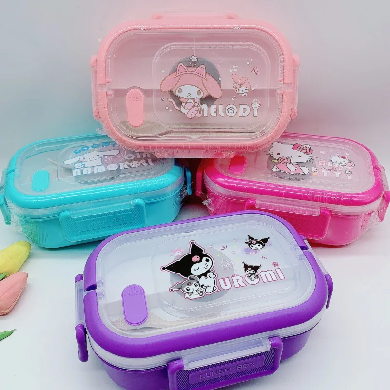 

Sanrio Kawaii Kuromi My Melody Lunch Box Cinnamoroll Hello Kitty Cartoon Girl Heart Double Plastic Portable Bento Box Kid Gift