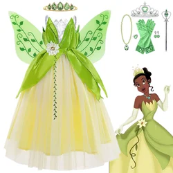 Halloween Children Tiana Cosplay Costume Girls Party Green Gowns Flower Princess Dresses Fancy Forest Fairy Elf Dress Up