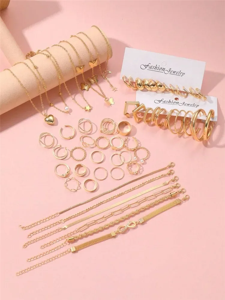 46 Pieces Gold Color Butterfly Star Chain Heart Pearl Ring Infinity Bracelets Hoop Earrings Silver Color Fashion Jewelry Set New