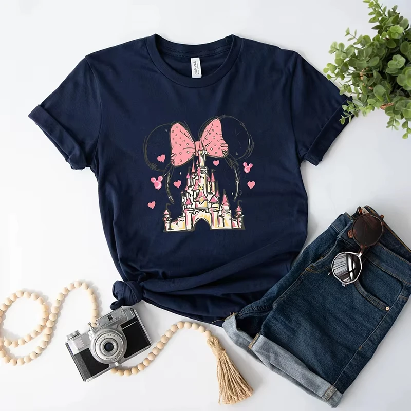 Koszulka Disney Minnie Mouse Zamek Królestwo Magii Rodzinna Koszulka z Krótkim Rękawem Amerykańska Retro Damska Modna Casualowa Bluza
