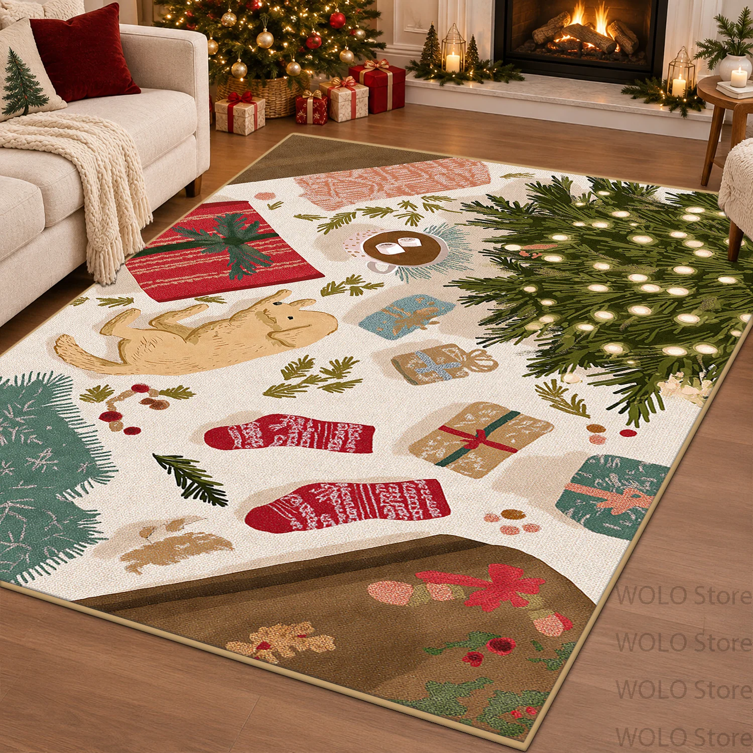 Christmas Atmosphere Cute Puppy Large Area Soft Carpet Cozy Foliage Red Berry Border Living Room Rug Non-slip Washable Decor Mat