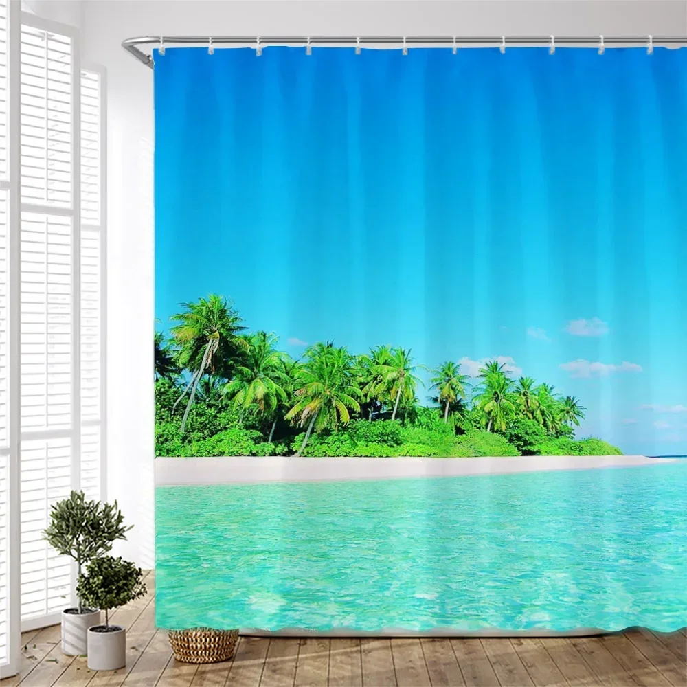 Palm Tree Ocean Scenery Shower Curtains Beach Landscape Home Bathroom Decor Fabric Cloth Bath Curtain Bathtub Screen With Hook