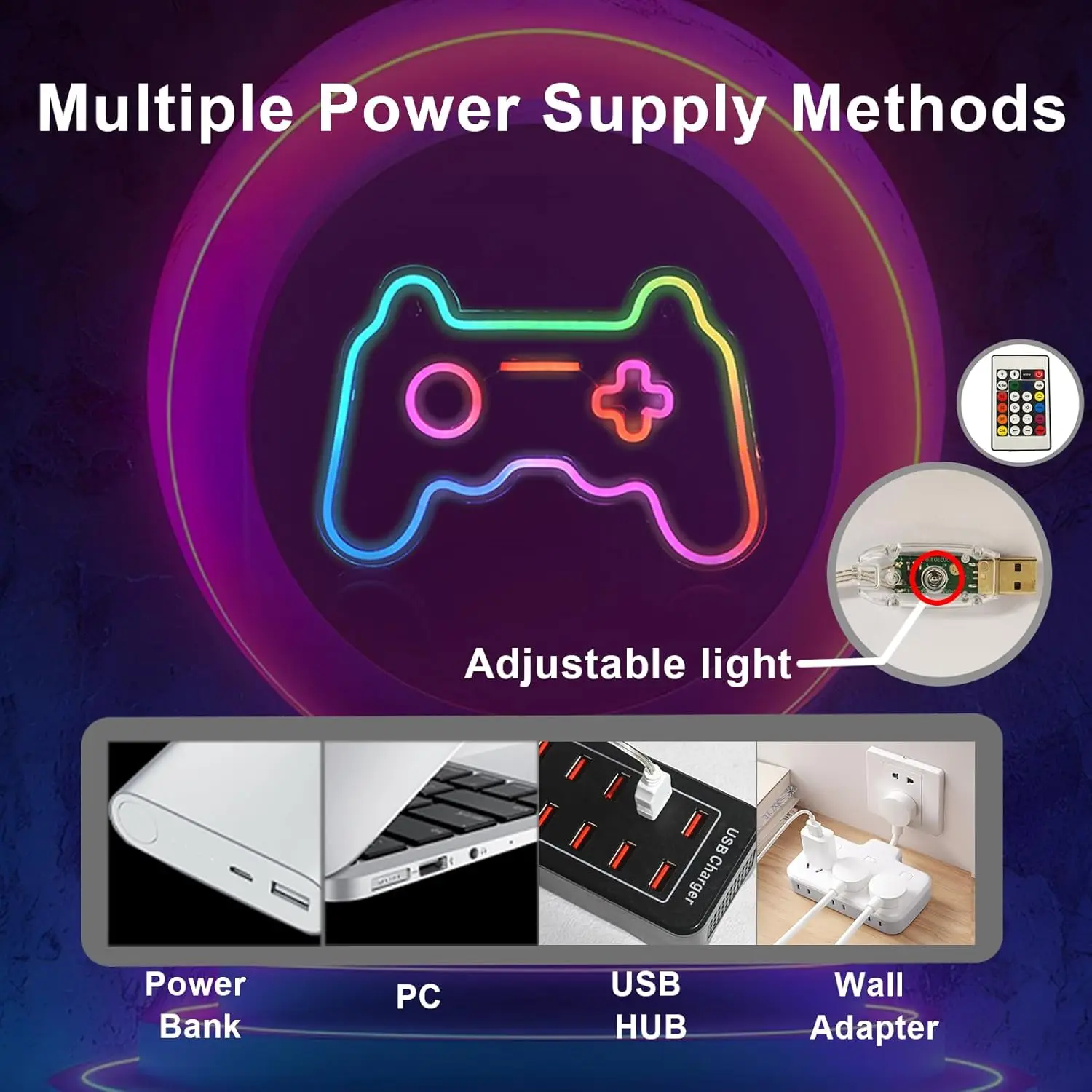 Gamepad letrero de neón de colores mezclados para decoración de pared, luces LED de colores, lámpara de neón alimentada por USB con interruptor de