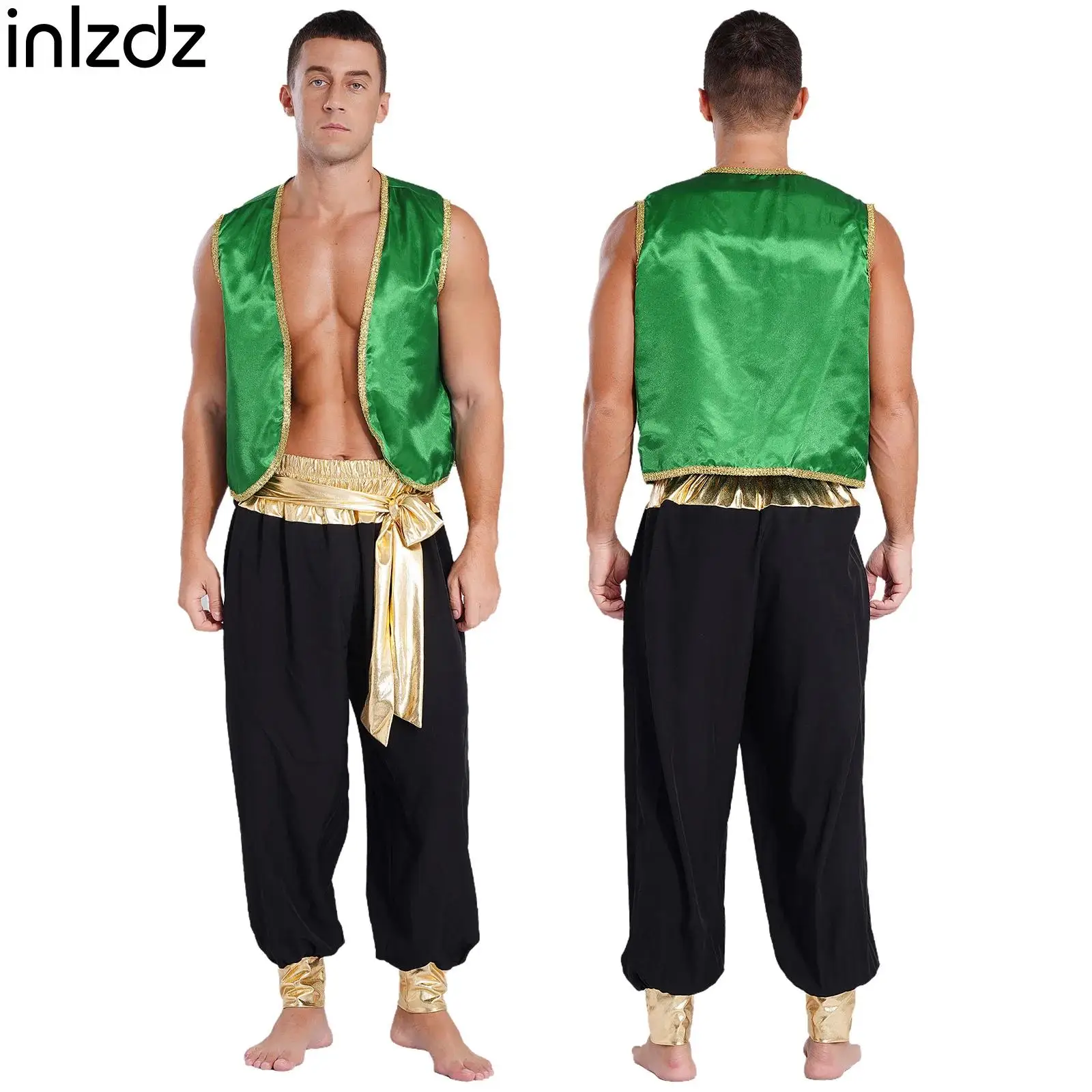 

New Mens Fancy Arabian Prince Cosplay Costume Set Braided Trimming Vest+pants Outfit for Halloween Carnival Party Performance