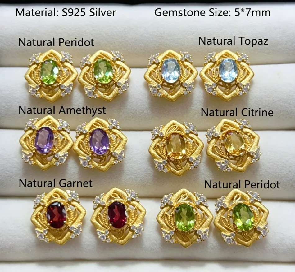 Certificate 925 Silver Natural Gems Rigato Square Earrings Real Topaz/Amethyst/Citrine/Peridot Ear Stud Italian Vintage Jewelry