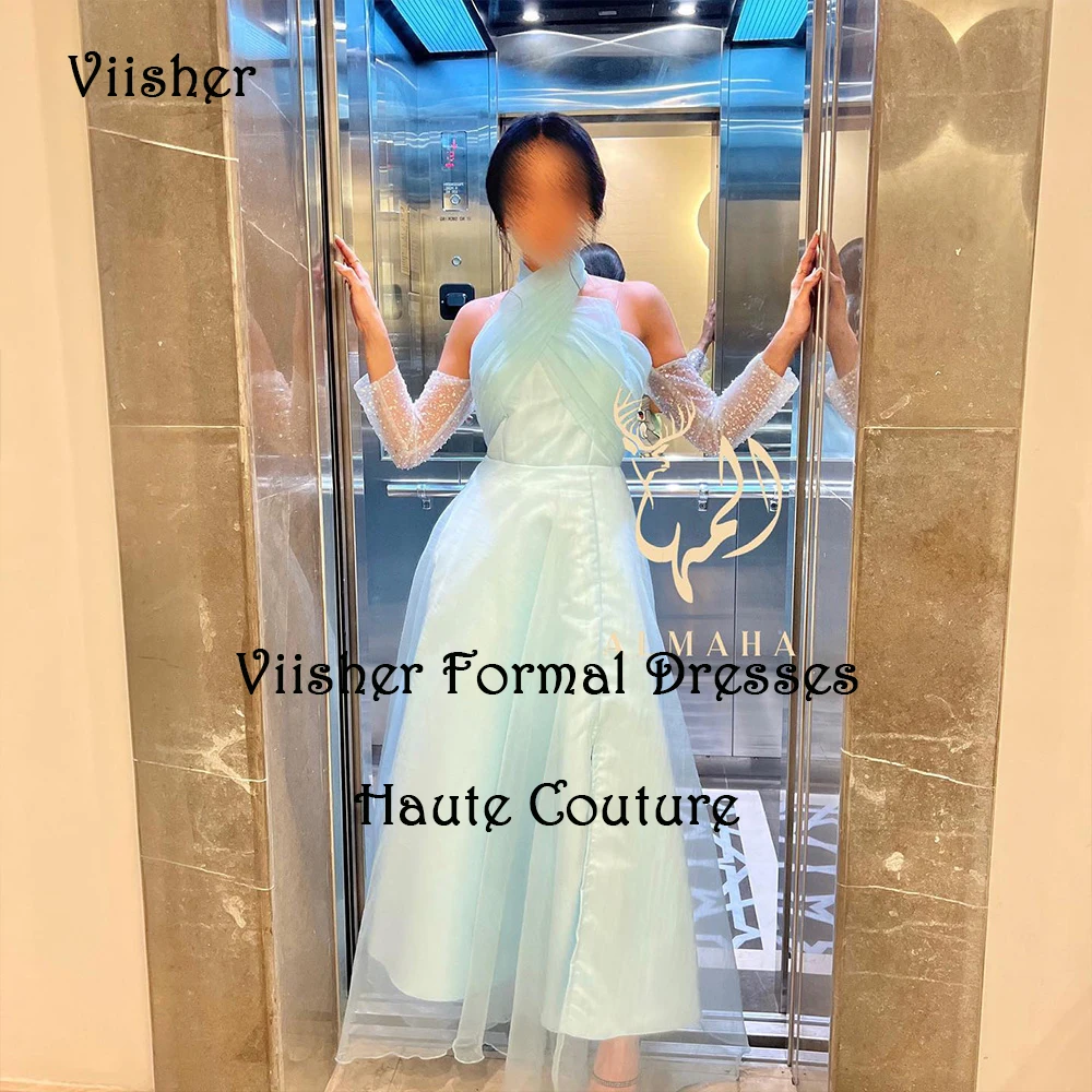 

Aqua Organza Halter Evening Dresses with Sleeve A Line Arabian Dubai Prom Party Dress Ankle Length Formal Occasion Dress