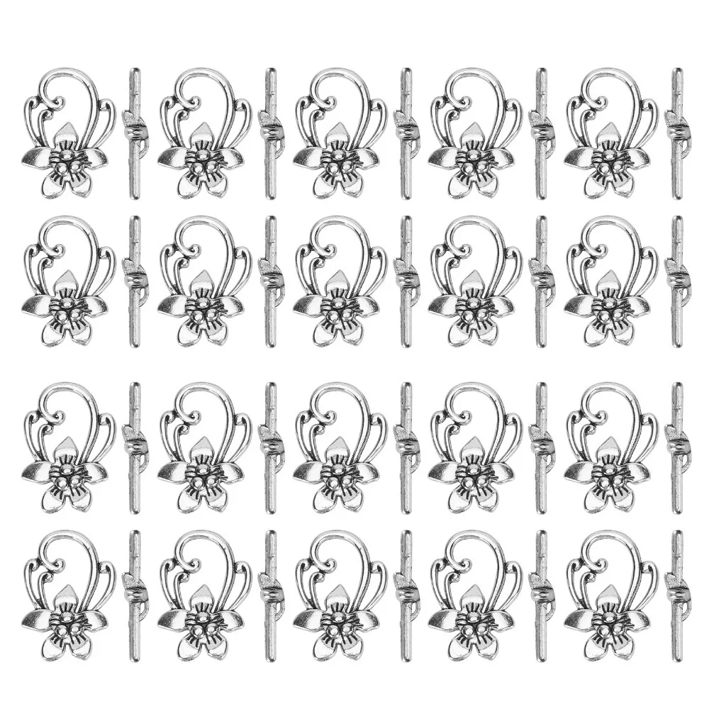 

20 шт. застежек для украшений из цинкового сплава, винтажные застежки-тогглы в форме цветка, серебристые застежки-тогглы для ожерелий, фурнитура для рукоделия