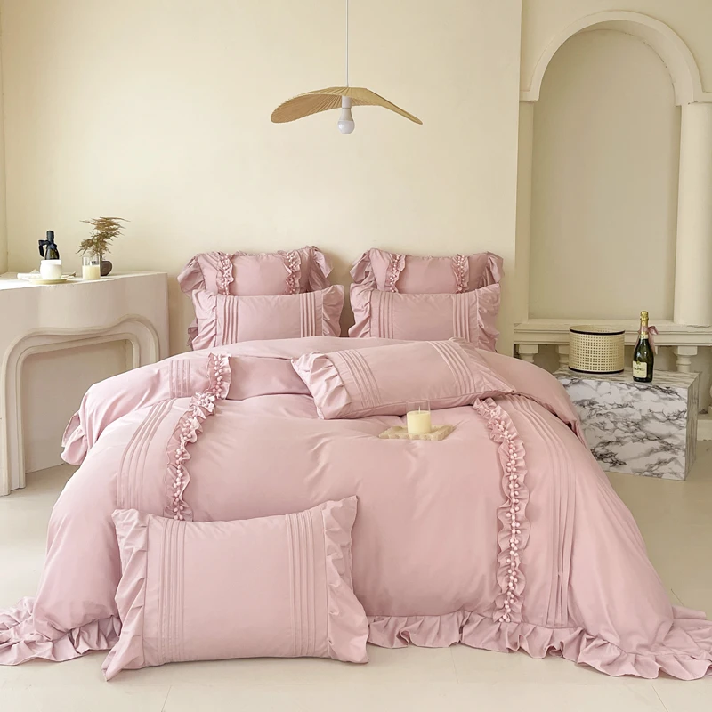 4Pcs Korean Princess Style Cotton 100% Bedding Set Duvet Cover 200x230 220x240 Solid Color Lace Bed  Sheet  pillowcases