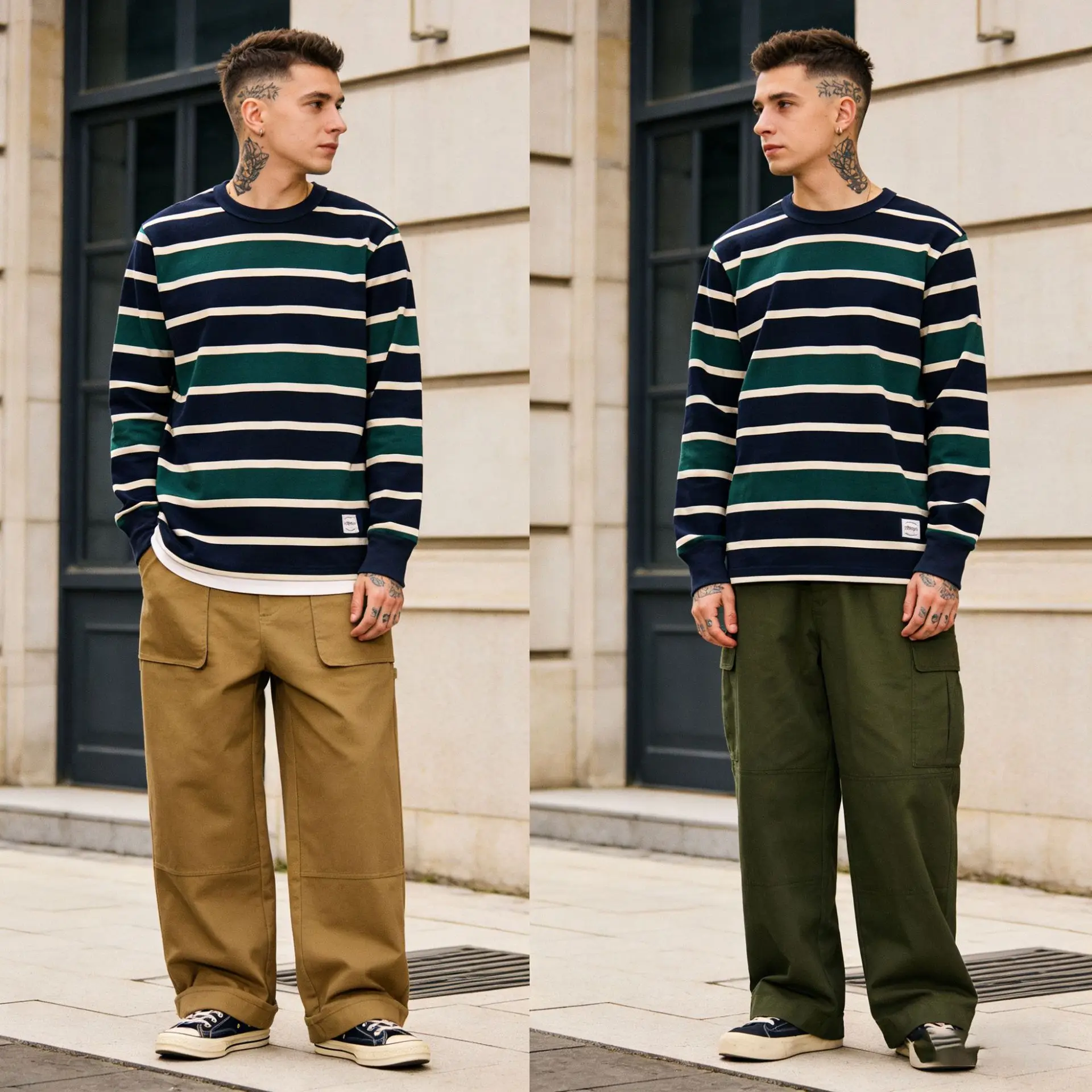 Men Loose Fit Color-coded Striped O-neck Long Sleeve T-shirts Spring Autumn New Fashion Male Casual Trendy Simple Basic Tops