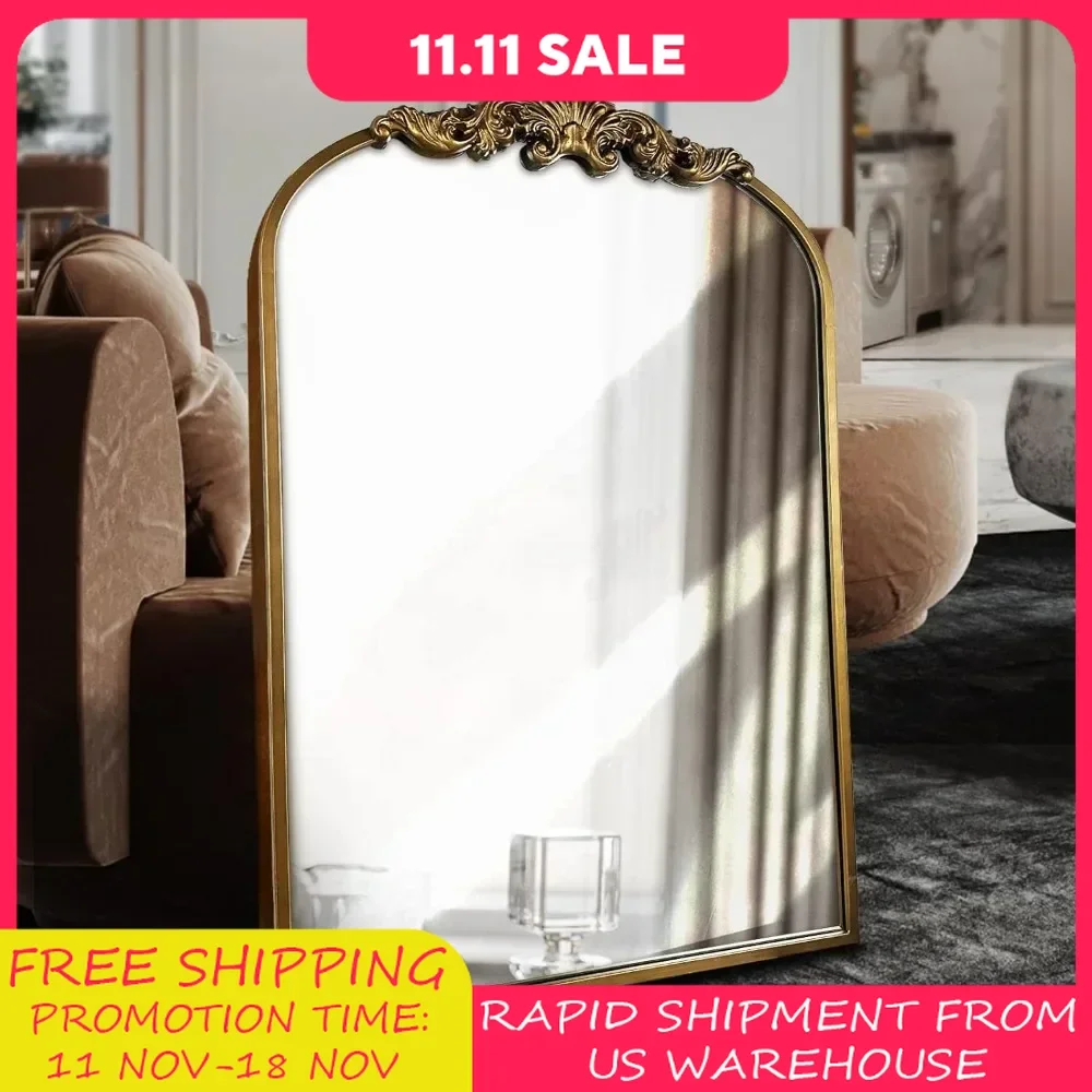 Arched Mirror,Gold Traditional Vintage Ornate Baroque Mirror,Antique Brass Mirror,Wall Mounted Mirrors for Entryway/Fireplace