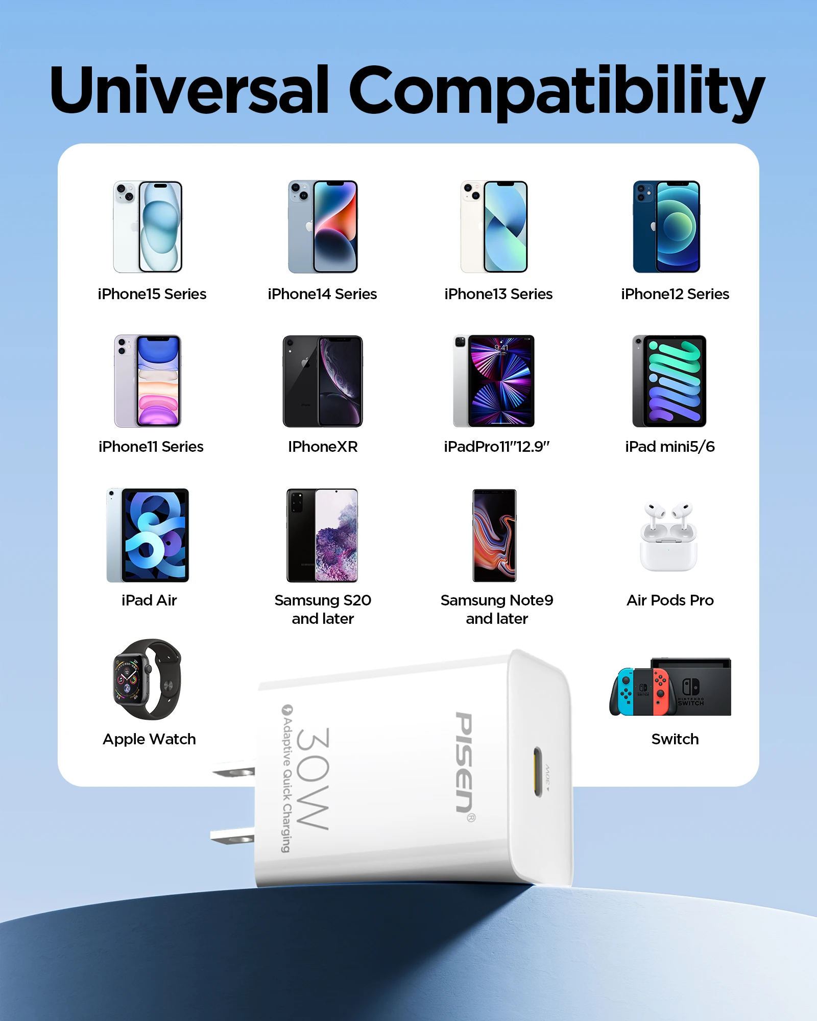 كتلة شاحن سريع PISEN 30W USB-C مع PD3.0، تتضمن كابل Lightning بطول 4 أقدام من النوع C، ومحول طاقة 30 وات متوافق مع iPhone #5