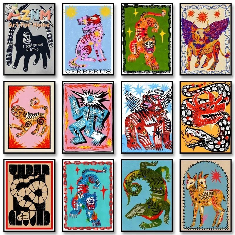 

AZNM Retro Mythical Creature Frameless Canvas Print - Folk Art Style Wolf, Cerberus, Dragon, Bull, Tiger, Serpent, Lizard & Two-