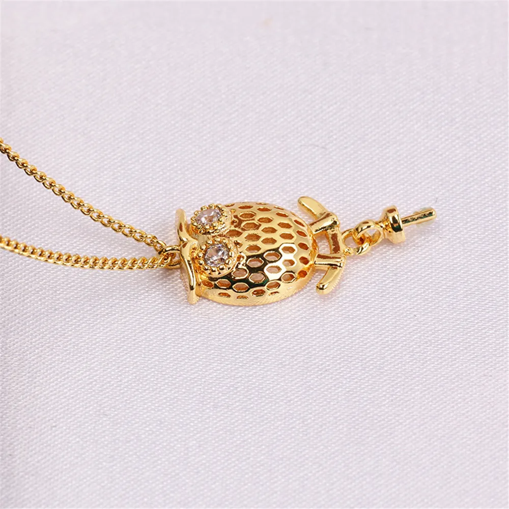 14K Gold Injected Empty Holder Plated K Gold Craft Owl Hollow Out Pearl Pendant Necklace Temperament Female DIY Accessories